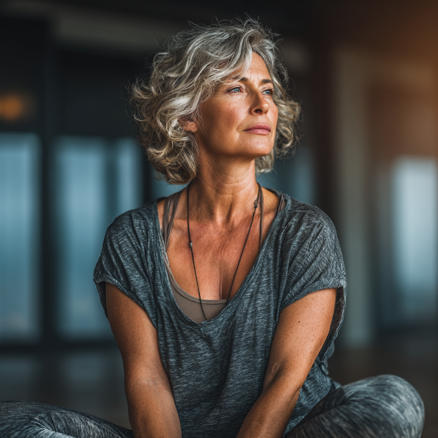 Літня жінка практикує йогу на природі