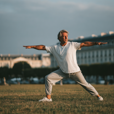 Група літніх людей займається м'якою йогою